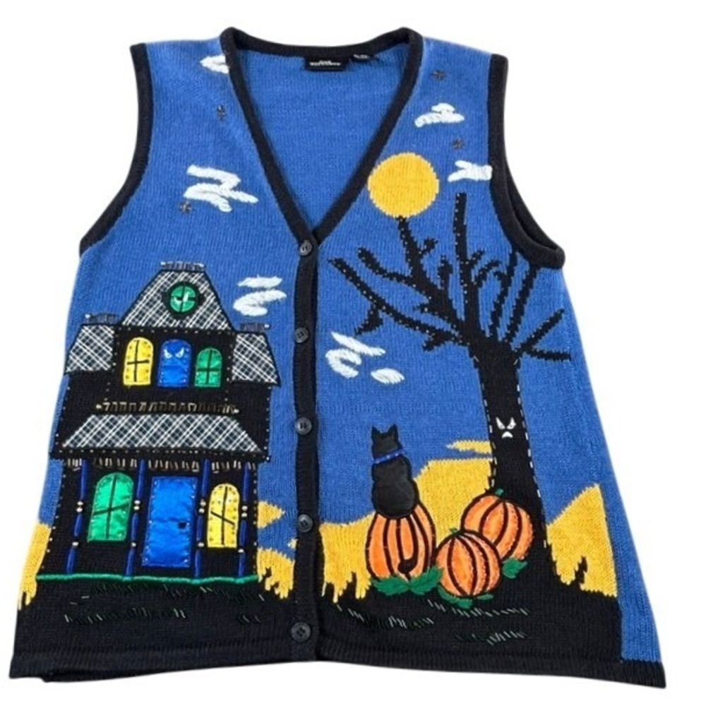 Vtg 90's One Resource Halloween Sweater Vest Cat Pumpkins Haunted House MD Fall